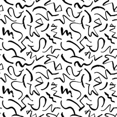 Wavy and swirled brush strokes vector seamless pattern. Black paint freehand scribbles, abstract ink background. Brushstrokes, smears, lines, squiggle pattern. Abstract wallpaper design, textile print