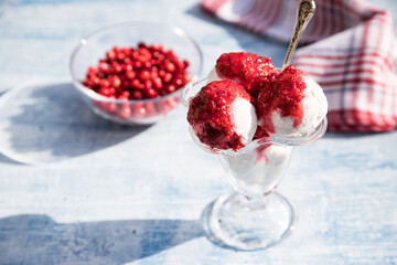 Balls of vegan chickpea ice cream in a glass bowl with cranberries on a light background