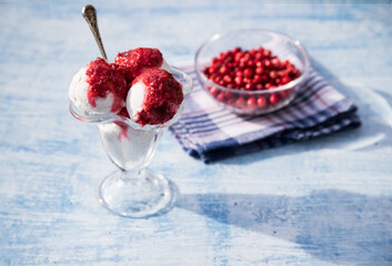 Cream bowl with ice cream balls and cranberry jam, berries in a transparent plate in focus on a checkered blue napkin. Horizontal orientation.