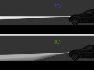 Vector illustration of vehicle's high beam vs low beam