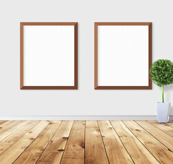 White posters with wooden frame on wall. Mock-up for you preview. 