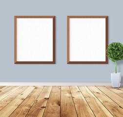White posters with wooden frame on wall. Mock-up for you preview. 