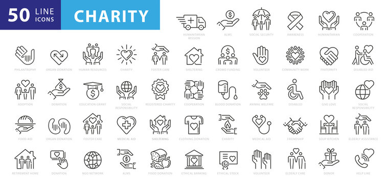 charity and donation icon set, line style