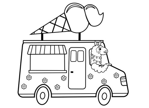 Coloring page outline of cartoon ice cream truck with animal. Vector image on white background. Coloring book of transport for kids.