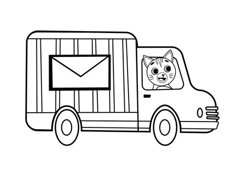 Coloring Page Outline Of Cartoon Mail Truck With Animal. Vector Image On White Background. Coloring Book Of Transport For Kids.