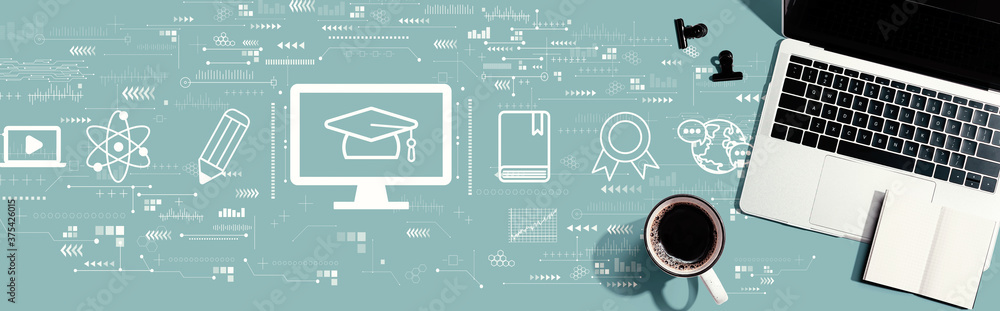 Poster e-learning concept with a laptop computer on a desk