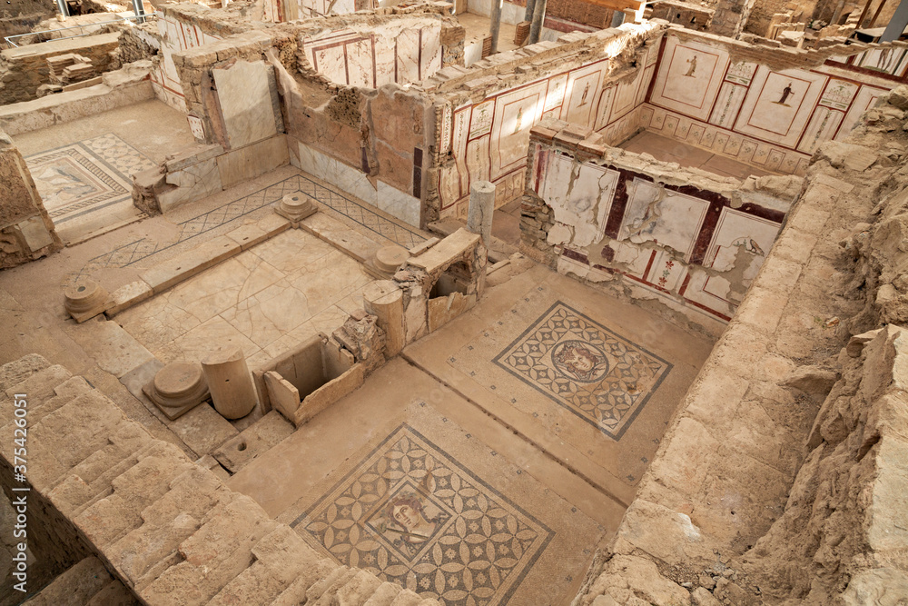 Wall mural remains of roman houses known as terrace houses, in the ancient city of ephesus, turkey