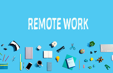 Remote Work theme with collection of electronic gadgets and office supplies