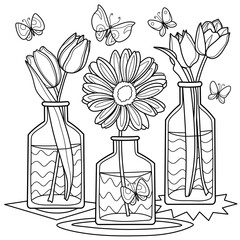 Coloring antistress page for adults and children.
Tulips and gerberas in water bottles surrounded by butterflies