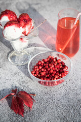 Cranberry berries, ice cream with jam and berry Morse on a light background with autumn leaves . Vertical orientation