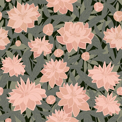 Seamless surface floral night pattern of pink flowers and grey green leaves. Pastel dusty pink flowers on black background for invitations, cards, textile, and stationary. Hand drawn digital design