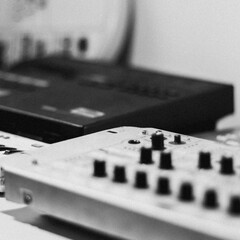 Vintage analog synthesizers on studio