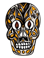 Skull with black and yellow patterns and lights in the eye sockets.  - 375426473