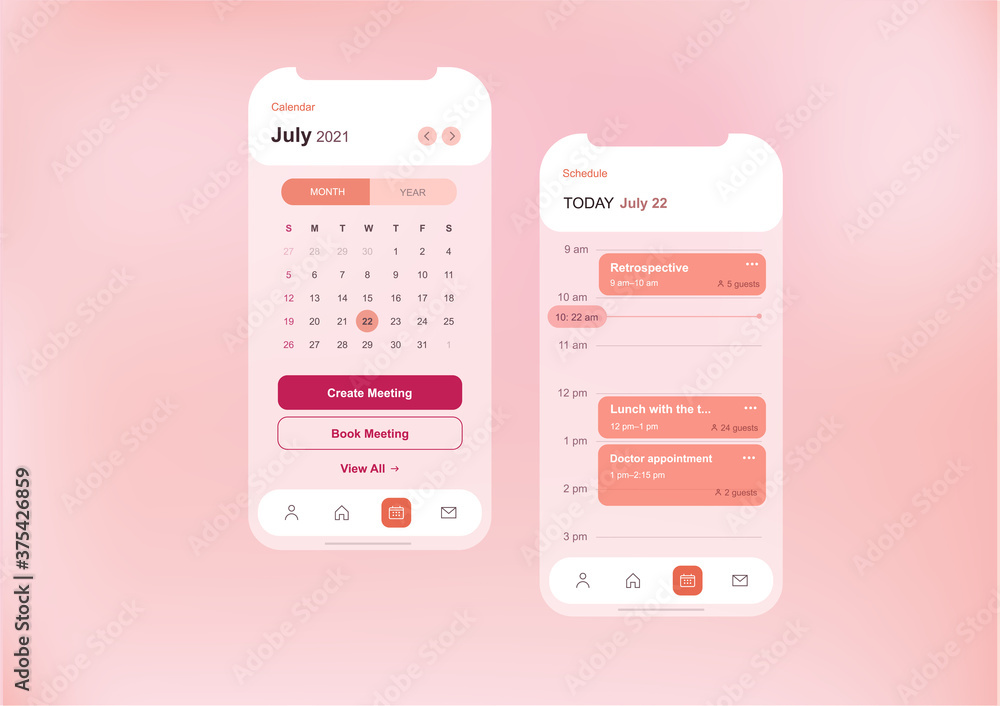 Aufkleber user interface template for calendar and meeting schedule mobile application, light pink and white c