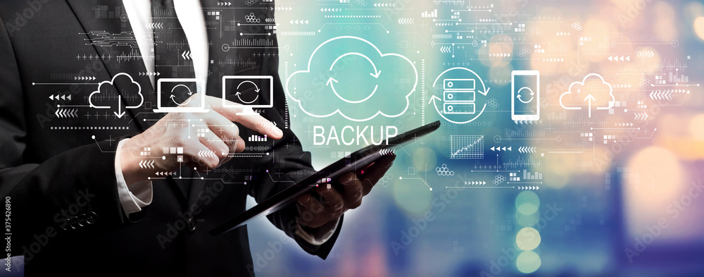 Poster backup concept with businessman using his tablet computer