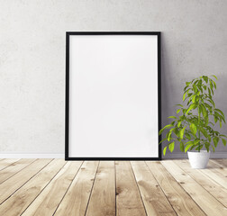 White vertical poster with black wooden frame standing on floor. Template for you design.