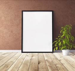 Fototapeta na wymiar White vertical poster with black wooden frame standing on floor. Template for you design.