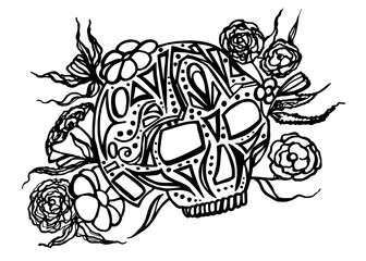 Skull with national geometric patterns and colors black line. 