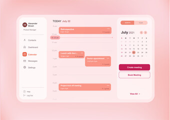 Modern web interface of calendar dashboard with time and meetings schedule and side menu, light pink color scheme - obrazy, fototapety, plakaty