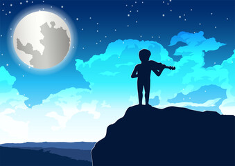 boy playing violin on the cliff in lonely night
