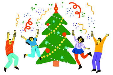 people, near the Christmas tree, with glasses of champagne, greet the new year, joyfully jump up, doodle, sketch, vector illustration