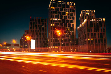 City street at night. Light trails from moving cars on the dusk urban road with modern buildings on...