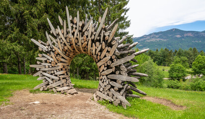 Arte Sella wood works in the nature in Trentino Alto Adige, Borgo Valsugana, northern Italy, May 24, 2020