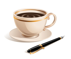 set of pen, ballpoint, morning coffee, Cup of coffee, hot coffee, hot chocolate, Cup with gold stripe, white saucer