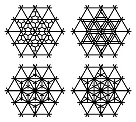 Set of four Japanese Kumiko patterns in hexagon.Black color lines.