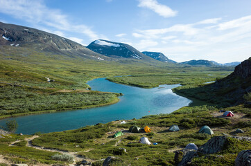 Hiking in northern Sweden. Camping at Alesjaure on Kungsleden and Nordkalottruta Arctic hiking...