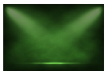 Green fog or smoke under spot lights background. Cloudiness, mist smog or chemistry toxic fume. Vector illustration of mysterious atmosphere, realistic spooky vapor texture, natural phenomenon.