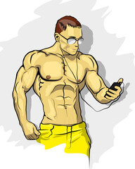 Muscle man silhouette graffiti icon, lifting weights fitness gym icon, athlete men's physique banner, bodybuilder logo on empty background, athlete men's bare torso. Men's physique lettering