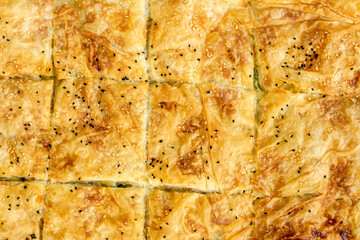 Traditional Turkish homemade tray pastry sliced in metal tray of oven