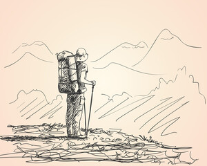 Drawing of girl backpacker hiking in mountains enjoying scenery, Vector sketch Hand drawn illustration