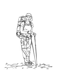 Drawing of girl backpacker hiker, Vector sketch Hand drawn line art illustration isolated