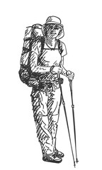 Drawing of girl backpacker hiking, Vector sketch Hand drawn illustration isolated