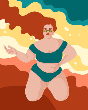 Feministische, Plus Size, dicke Frau im Bikini am Strand