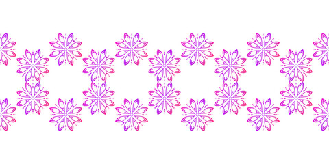 Seamless textile floral border, Geometric repetition of circular flower ornament pink gradient color, Decorative line