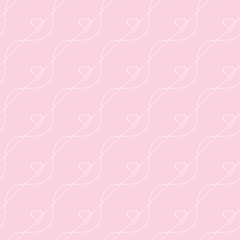 Seamless geometric pattern made of continuous one line drawing heart and wave, Texture in pink color abstract linear pattern