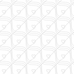 Seamless geometric pattern made of continuous one line drawing heart and wave, Texture in gray color abstract linear pattern