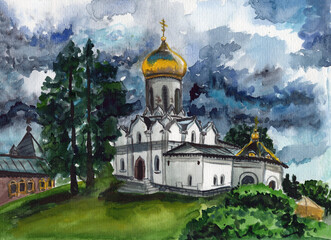 Hand drawn watercolor sketch. Historical building. Religious architecture. Savvino-Storozhevsky monastery in Zvenigorod. Russian Orthodox church. Culture and religion. Green trees. Blue and gray sky