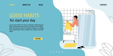 Young man taking morning shower. Guy enjoying water bath procedure. Good bathroom habit. Personal hygiene cleanliness. Daily body care routine. Day beginning. Landing page design template