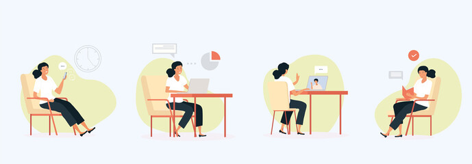 Set of four activities enjoyed by a woman using a mobile, sitting working at a laptop and computer and sitting reading a book , colored vector illustration