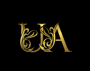 Golden U, A and UA Luxury Letter Logo Icon. Graceful royal style. Luxury gold alphabet arts logo.