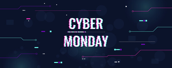 Concept for Cyber Monday, electronics sale. Vector abstract banner, in digital techno style. Dark blue background, with computer bright elements. Copyspace.