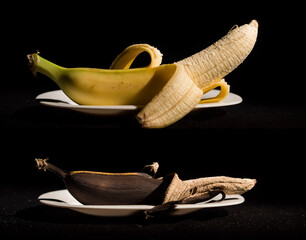 Composition Two bananas in plates - fresh and rotten
