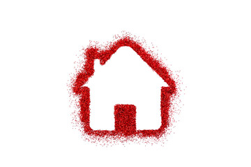 Small house shape on red glitter isolated on white background