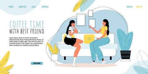 Casual woman help-mate character spending time together in nice conversation at home living room. Friendship, people communication. Coffee time between best friend. Daily life. Landing page design