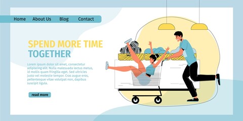 Funny excited man woman lovers shopping together. Boyfriend rolling girlfriend in trolley cart. Shop mall grocery showcase interior. Loving couple spend more time teamwise. Landing page design