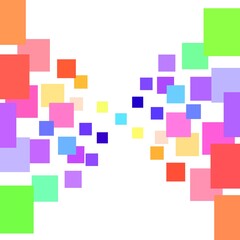Background of many colored squares of different sizes converging to the center on a white background.
